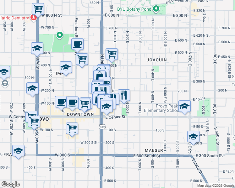 map of restaurants, bars, coffee shops, grocery stores, and more near 145 North 100 East in Provo
