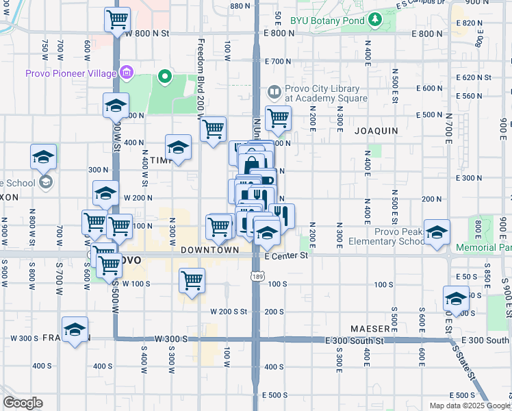 map of restaurants, bars, coffee shops, grocery stores, and more near 130 North University Avenue in Provo
