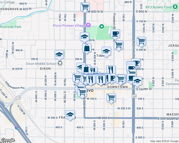 map of restaurants, bars, coffee shops, grocery stores, and more near 163 North 400 West Street in Provo
