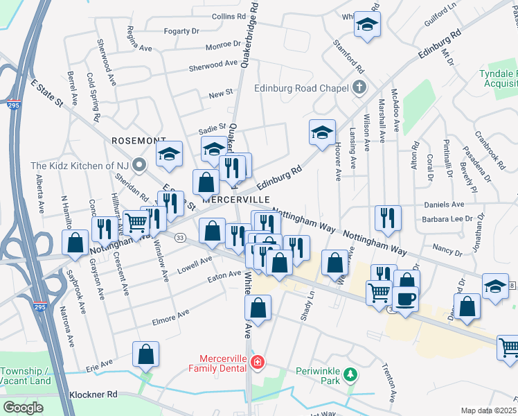map of restaurants, bars, coffee shops, grocery stores, and more near 2733 Nottingham Way in Hamilton Township
