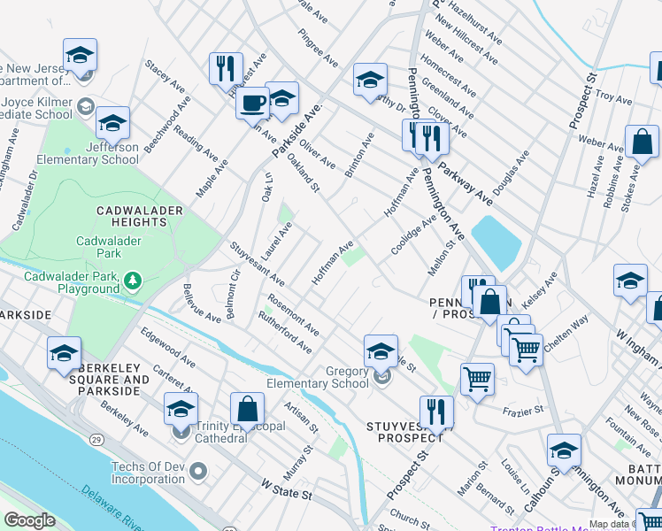 map of restaurants, bars, coffee shops, grocery stores, and more near 59 Ellsworth Avenue in Trenton