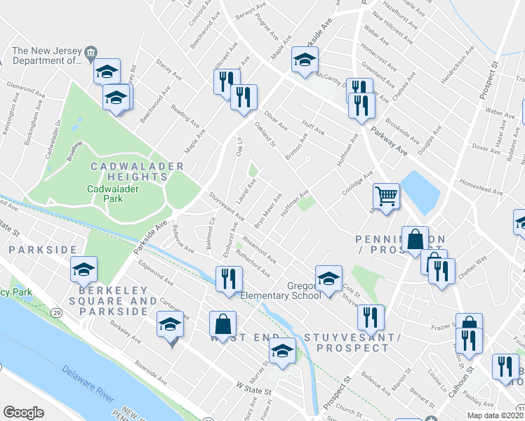 map of restaurants, bars, coffee shops, grocery stores, and more near 38 Bryn Mawr Avenue in Trenton