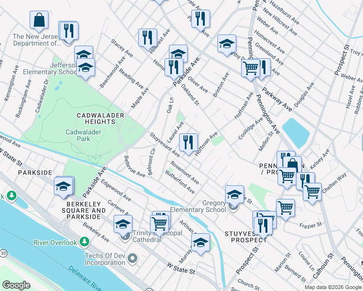 map of restaurants, bars, coffee shops, grocery stores, and more near 215 Highland Avenue in Trenton