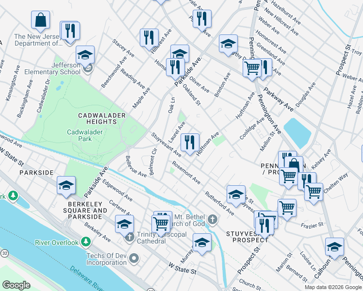 map of restaurants, bars, coffee shops, grocery stores, and more near 215 Highland Avenue in Trenton