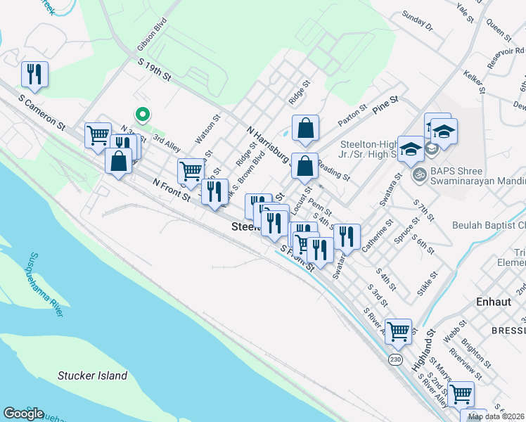 map of restaurants, bars, coffee shops, grocery stores, and more near 78 Pine Street in Steelton