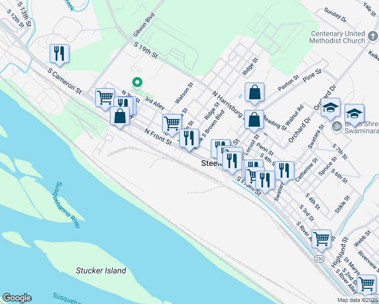 map of restaurants, bars, coffee shops, grocery stores, and more near 220 North Front Street in Steelton