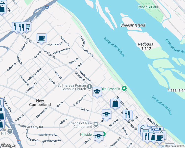 map of restaurants, bars, coffee shops, grocery stores, and more near 148 15th Street in New Cumberland