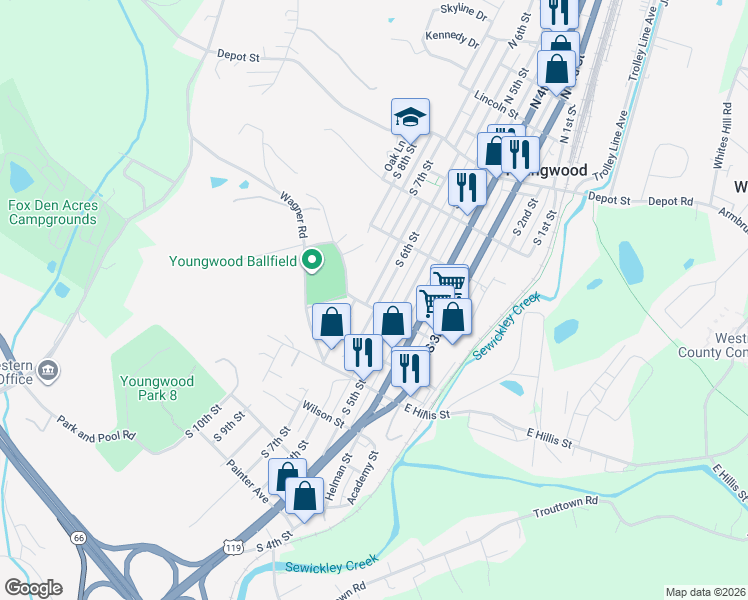 map of restaurants, bars, coffee shops, grocery stores, and more near 231 S 6th St in Youngwood