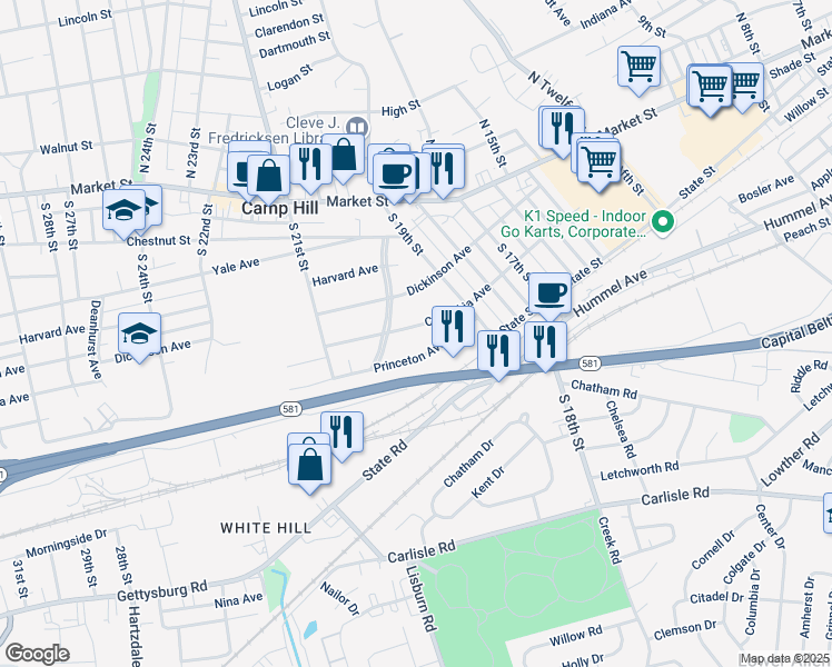 map of restaurants, bars, coffee shops, grocery stores, and more near 1921 Columbia Avenue in Camp Hill