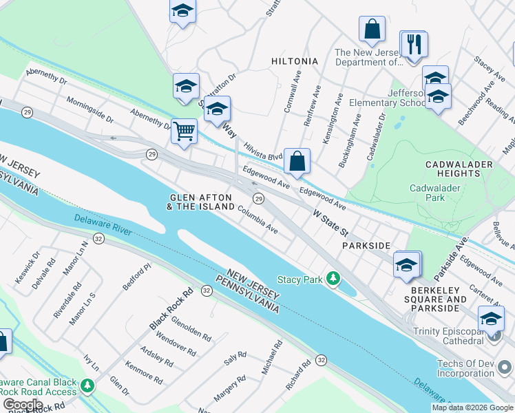 map of restaurants, bars, coffee shops, grocery stores, and more near 127 Clearfield Avenue in Trenton