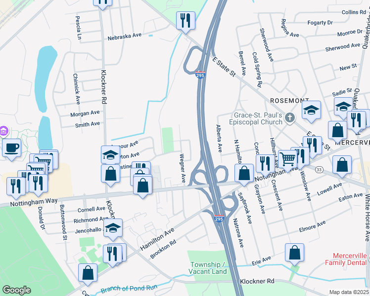 map of restaurants, bars, coffee shops, grocery stores, and more near 302 Wegner Avenue in Hamilton Township