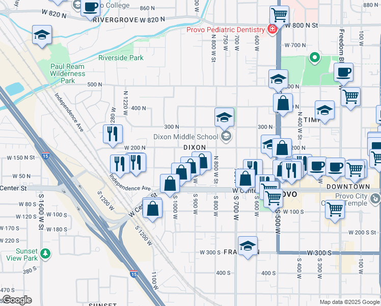 map of restaurants, bars, coffee shops, grocery stores, and more near 175 North 900 West in Provo