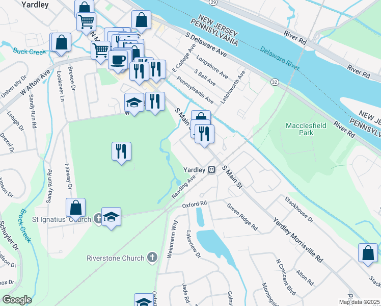 map of restaurants, bars, coffee shops, grocery stores, and more near 100 Harper Avenue in Yardley