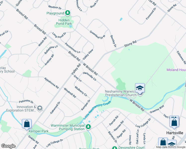 map of restaurants, bars, coffee shops, grocery stores, and more near 1561 Hartsville Circle in Warminster