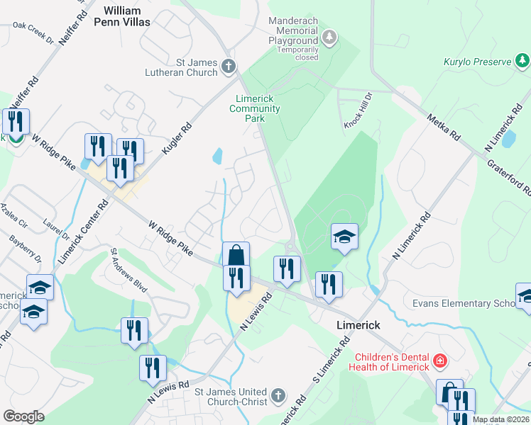 map of restaurants, bars, coffee shops, grocery stores, and more near 181 Royersford Rd in Royersford