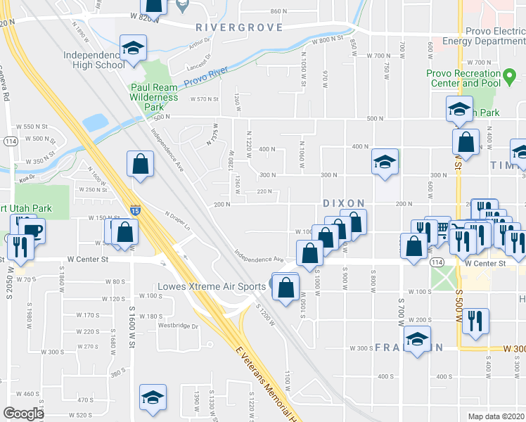 map of restaurants, bars, coffee shops, grocery stores, and more near 1189 200 North in Provo