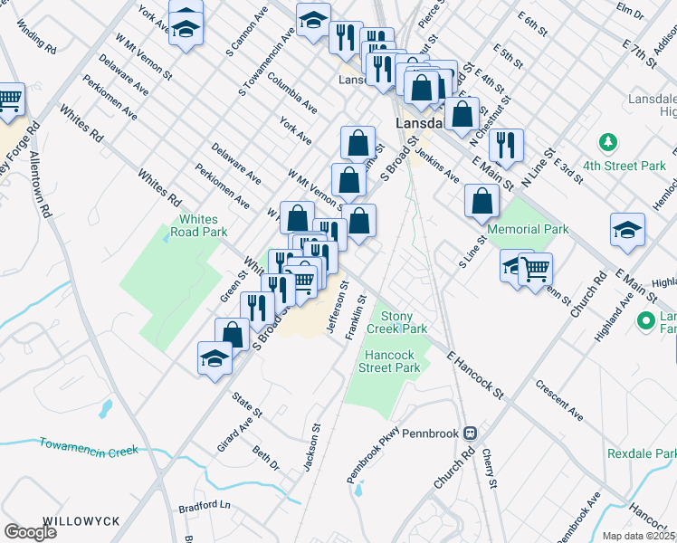 map of restaurants, bars, coffee shops, grocery stores, and more near 28 East Hancock Street in Lansdale