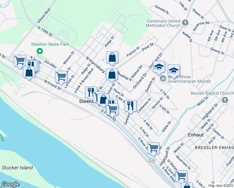 map of restaurants, bars, coffee shops, grocery stores, and more near 43 South 4th Street in Steelton