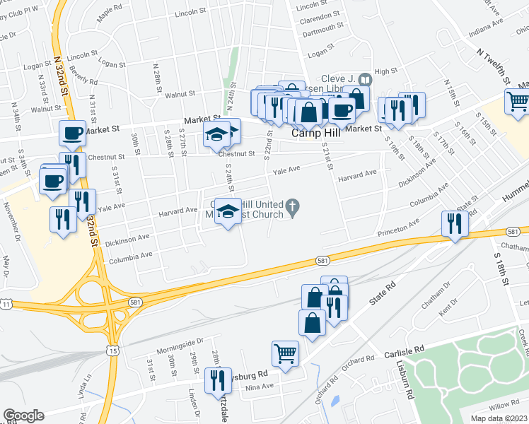 map of restaurants, bars, coffee shops, grocery stores, and more near 2200 Dickinson Avenue in Camp Hill