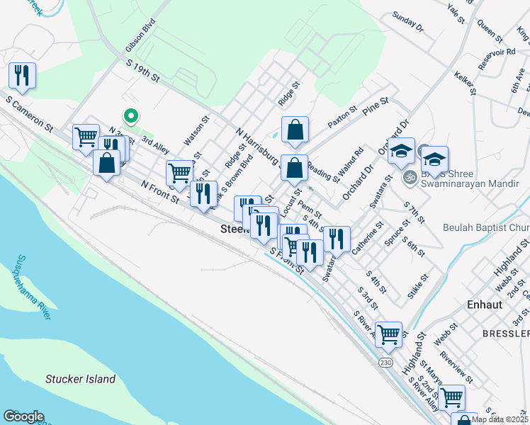 map of restaurants, bars, coffee shops, grocery stores, and more near 47 North 3rd Street in Steelton