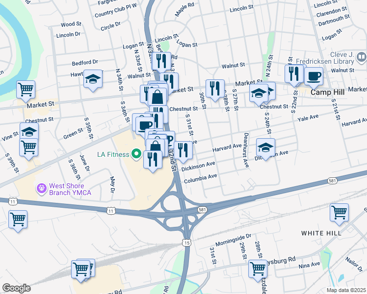 map of restaurants, bars, coffee shops, grocery stores, and more near 3117 Yale Avenue in Camp Hill