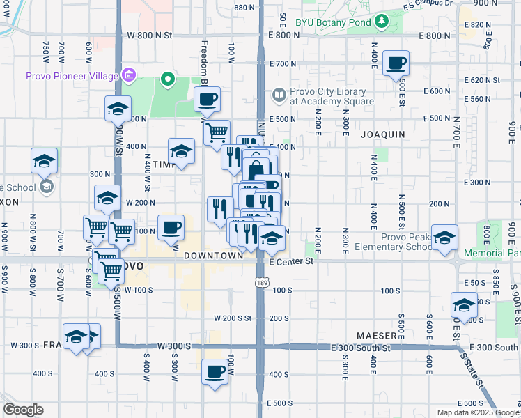 map of restaurants, bars, coffee shops, grocery stores, and more near 180 North University Avenue in Provo