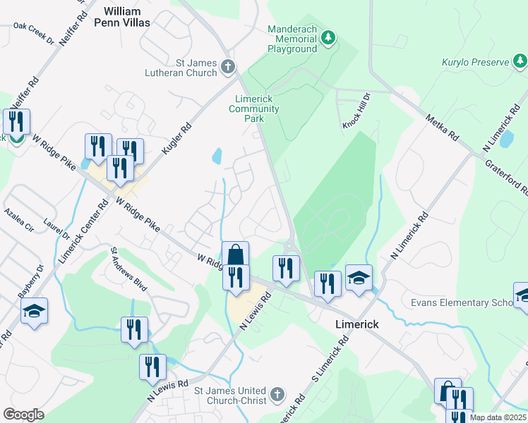 map of restaurants, bars, coffee shops, grocery stores, and more near 108 Harland Avenue in Royersford