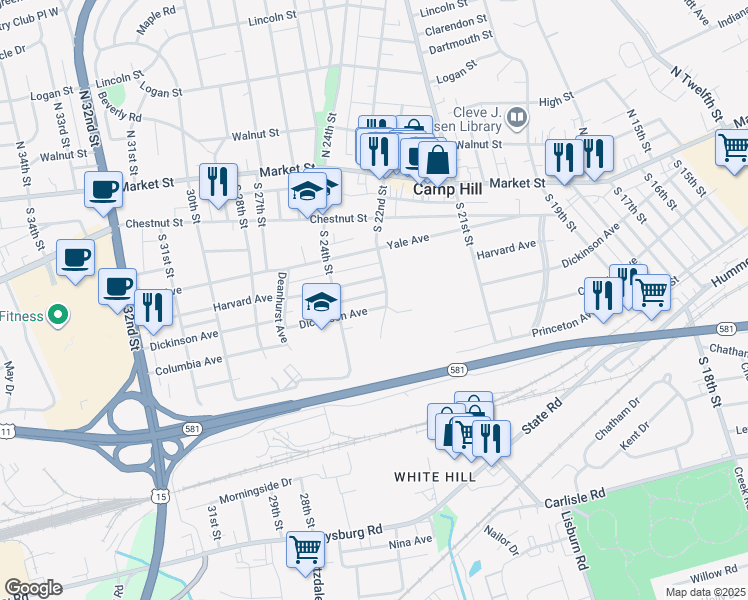 map of restaurants, bars, coffee shops, grocery stores, and more near 2200 Dickinson Avenue in Camp Hill