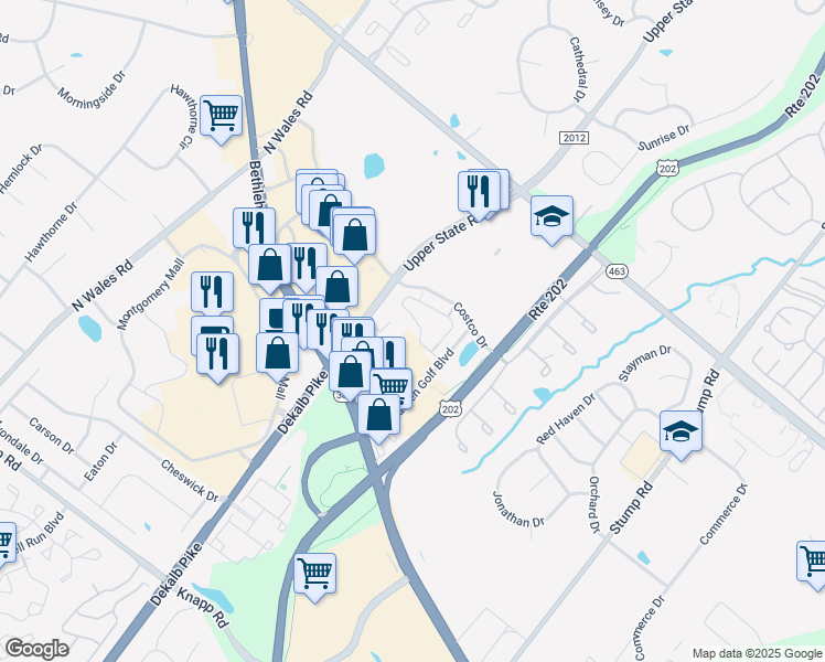 map of restaurants, bars, coffee shops, grocery stores, and more near 910 Susan Circle in North Wales
