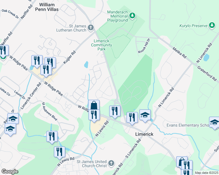 map of restaurants, bars, coffee shops, grocery stores, and more near 171 Larrabee Way in Royersford