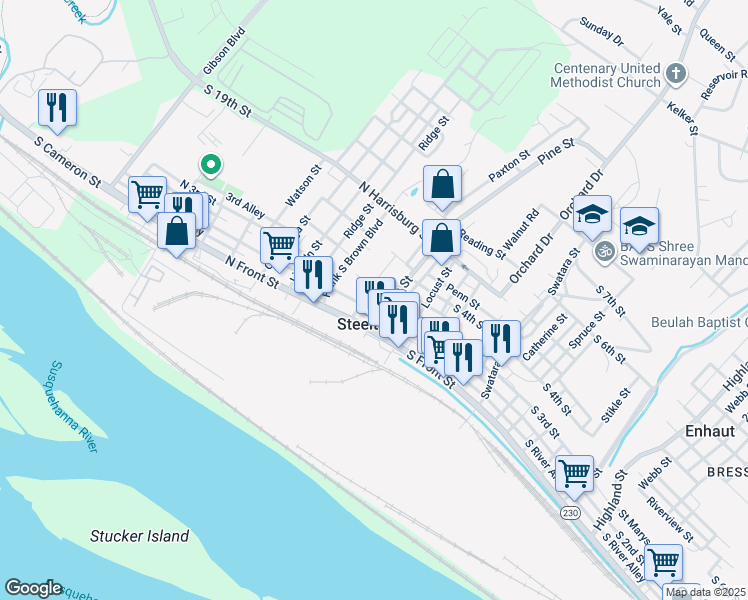 map of restaurants, bars, coffee shops, grocery stores, and more near 111 North 2nd Street in Steelton