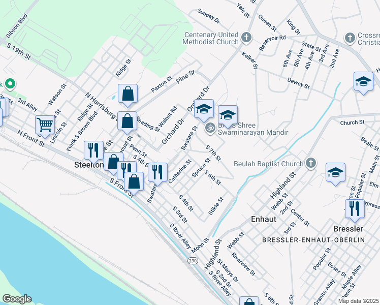 map of restaurants, bars, coffee shops, grocery stores, and more near 227 Park Avenue in Steelton
