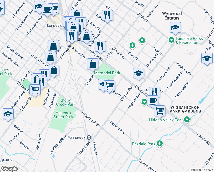 map of restaurants, bars, coffee shops, grocery stores, and more near 400 Penn Street in Lansdale