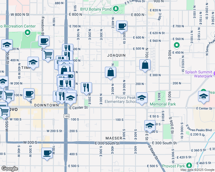 map of restaurants, bars, coffee shops, grocery stores, and more near 356 200 North in Provo