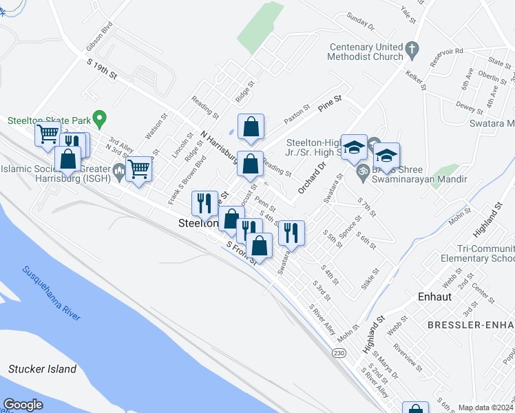 map of restaurants, bars, coffee shops, grocery stores, and more near 31 South 4th Street in Steelton