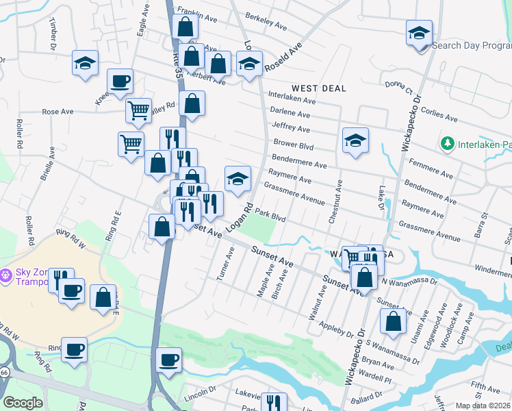 map of restaurants, bars, coffee shops, grocery stores, and more near 87 Park Boulevard in Wanamassa