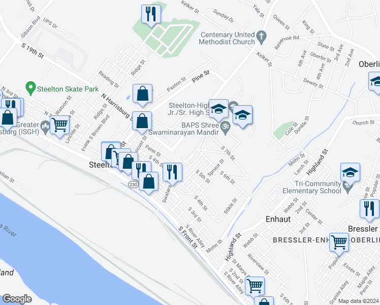 map of restaurants, bars, coffee shops, grocery stores, and more near 433 Swatara Street in Steelton