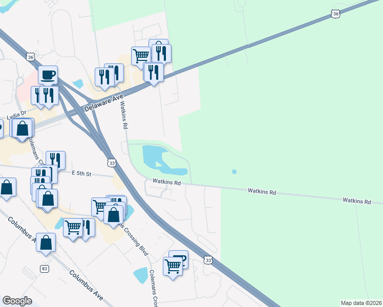 map of restaurants, bars, coffee shops, grocery stores, and more near 15760 Watkins Road in Marysville