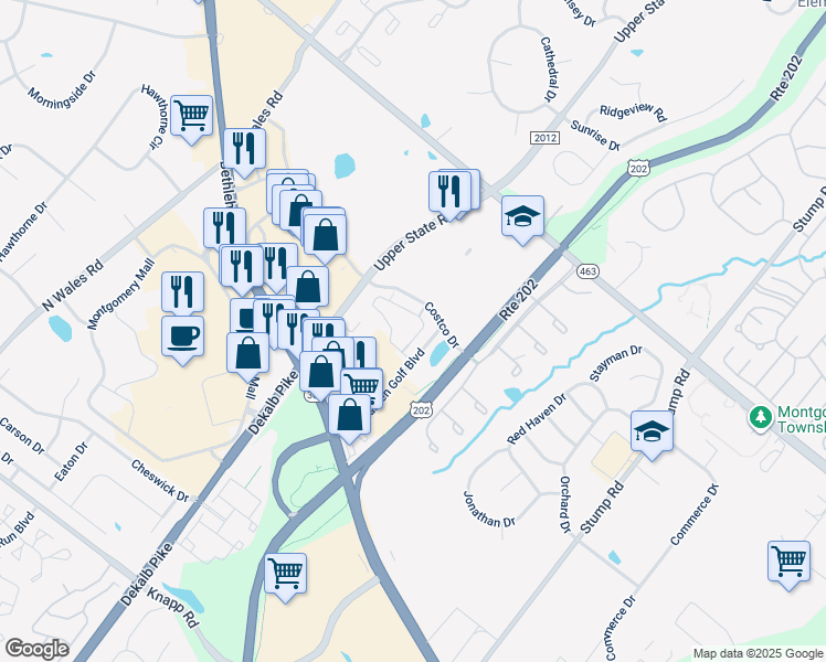 map of restaurants, bars, coffee shops, grocery stores, and more near 201 Susan Circle in North Wales