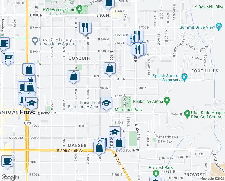 map of restaurants, bars, coffee shops, grocery stores, and more near 190 North 700 East in Provo