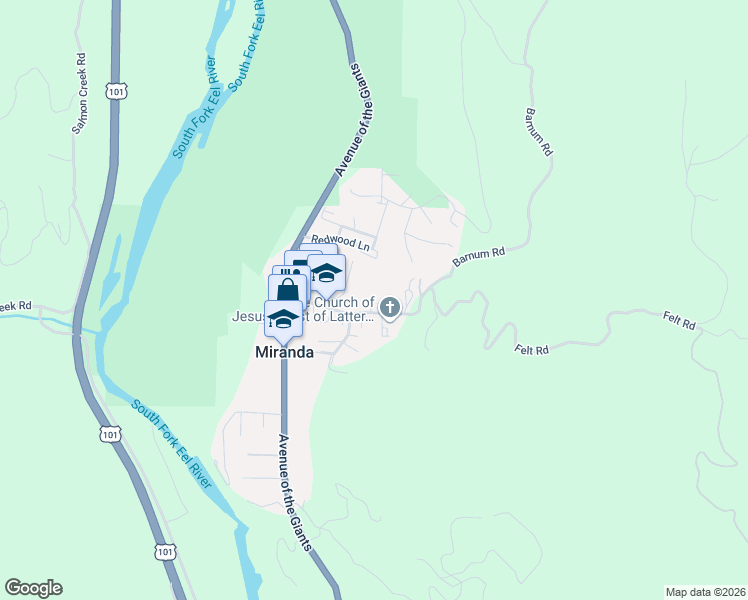 map of restaurants, bars, coffee shops, grocery stores, and more near 90 Maple Lane in Carlotta