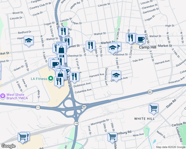 map of restaurants, bars, coffee shops, grocery stores, and more near 2909 Harvard Avenue in Camp Hill