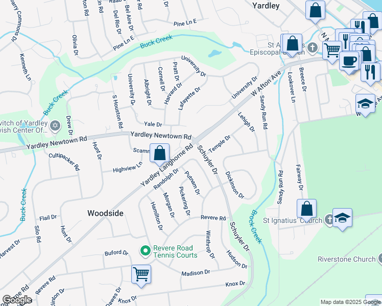 map of restaurants, bars, coffee shops, grocery stores, and more near 968 Randolph Drive in Yardley