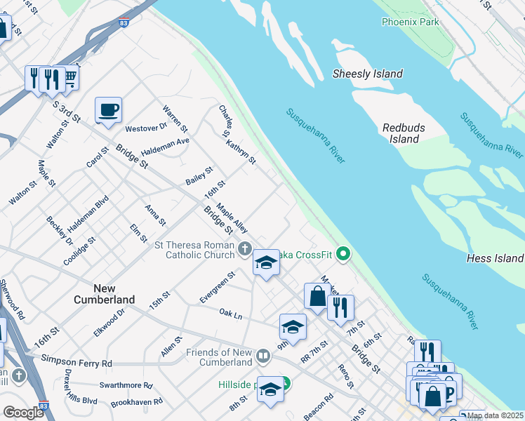 map of restaurants, bars, coffee shops, grocery stores, and more near 148 15th Street in New Cumberland