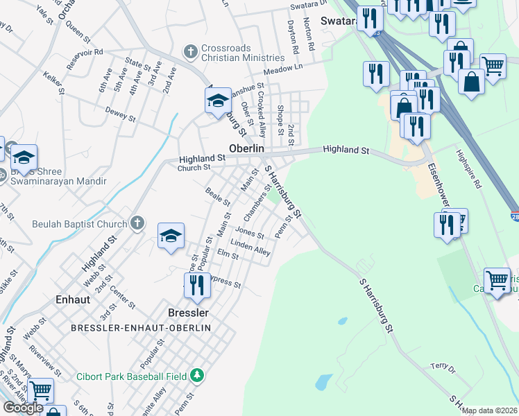 map of restaurants, bars, coffee shops, grocery stores, and more near 100 Spring Street in Harrisburg