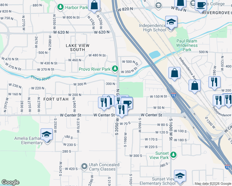 map of restaurants, bars, coffee shops, grocery stores, and more near 213 North Geneva Road in Provo