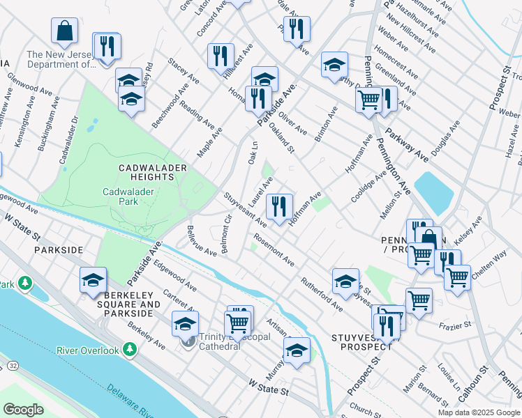 map of restaurants, bars, coffee shops, grocery stores, and more near 215 Highland Avenue in Trenton