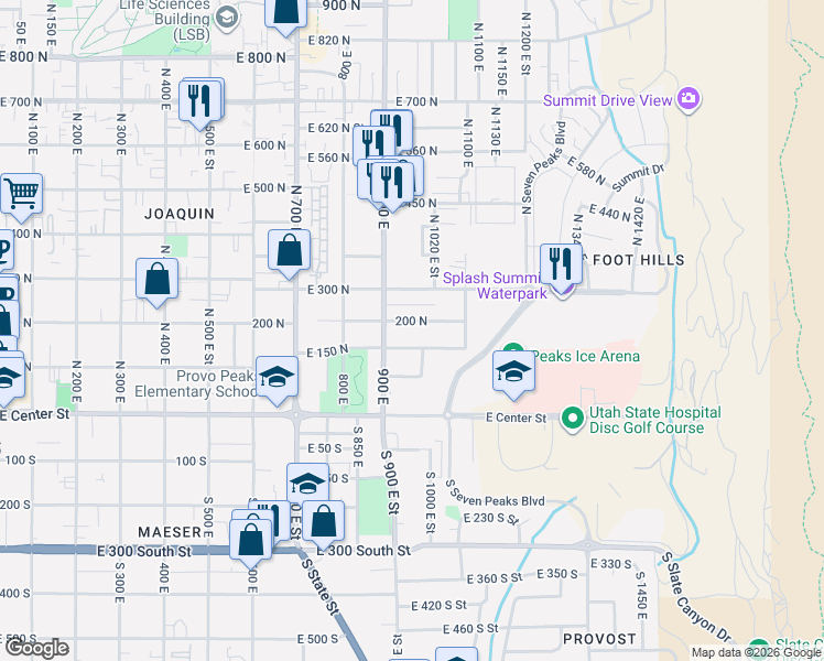 map of restaurants, bars, coffee shops, grocery stores, and more near 965 E 150 N St in Provo