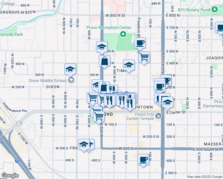 map of restaurants, bars, coffee shops, grocery stores, and more near 187 North 400 West Street in Provo