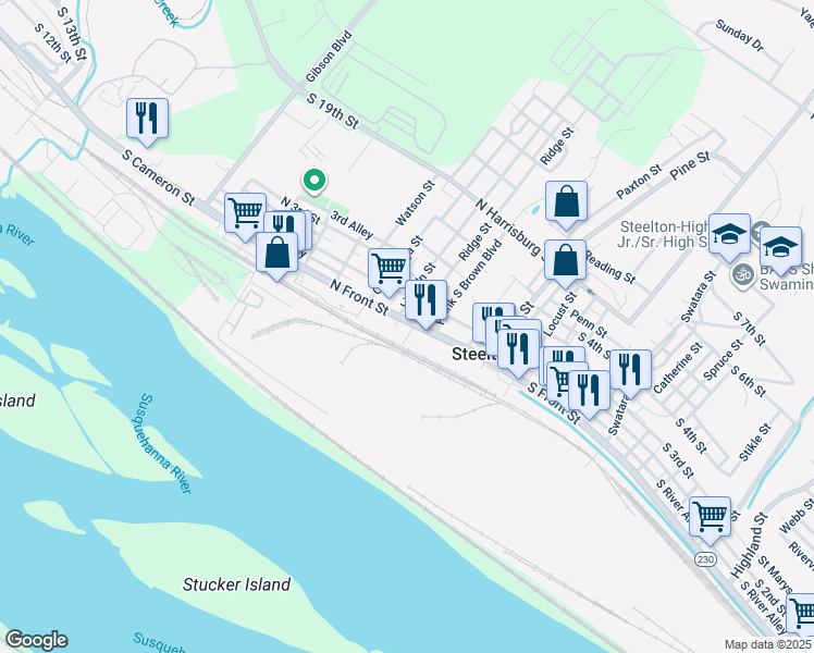 map of restaurants, bars, coffee shops, grocery stores, and more near 101 Trewick Street in Steelton